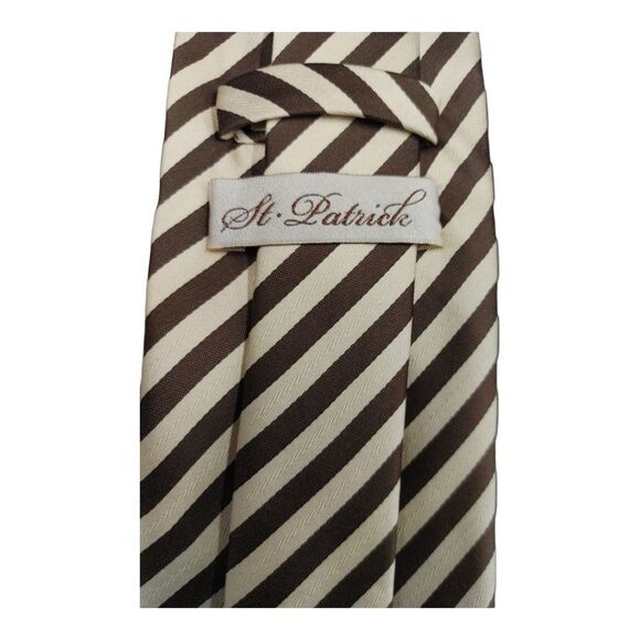 MEN'S ST. PATRICK BROWN/IVORY THIN DIAGONAL STRIPE TIE & POCKET SQUARE SET. - Picture 3 of 4